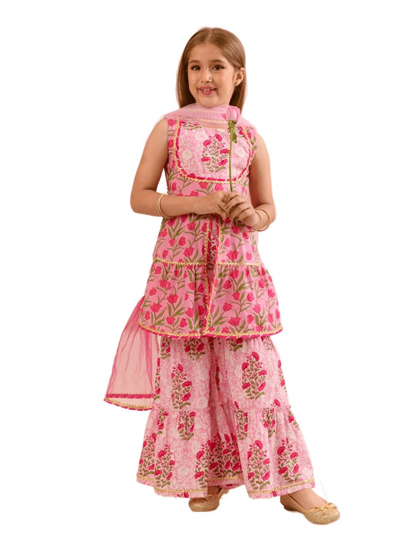 Pspeaches Girls Cotton Sleeveless Round Neck Floral Print Kurti And Sharara With Dupatta 3 Piece Set|Ethnic Wear For Kids Girls|Traditional & Festive Outfit 10-12 Year Pink - Image 1