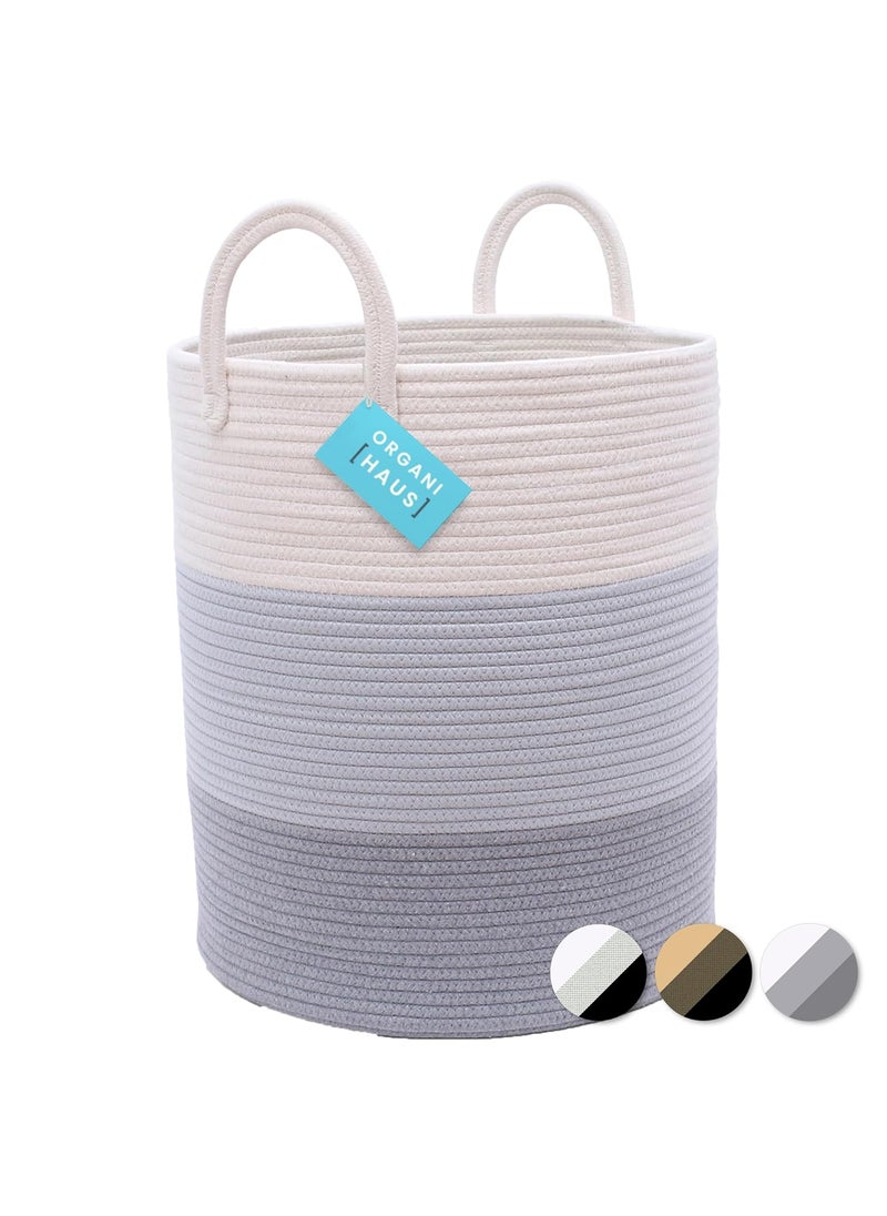 OrganiHaus OrganiHaus Cotton Rope Basket in Grey | 15"x18" Grey Storage Basket with Long Handles | Decorative Blanket Basket for Living Room, Laundry and Nusery Decor  - Image 1