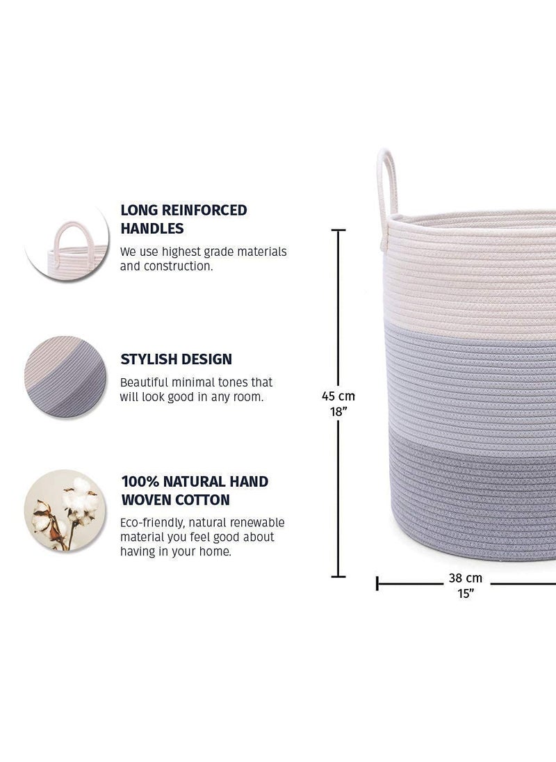 OrganiHaus OrganiHaus Cotton Rope Basket in Grey | 15"x18" Grey Storage Basket with Long Handles | Decorative Blanket Basket for Living Room, Laundry and Nusery Decor  - Image 2