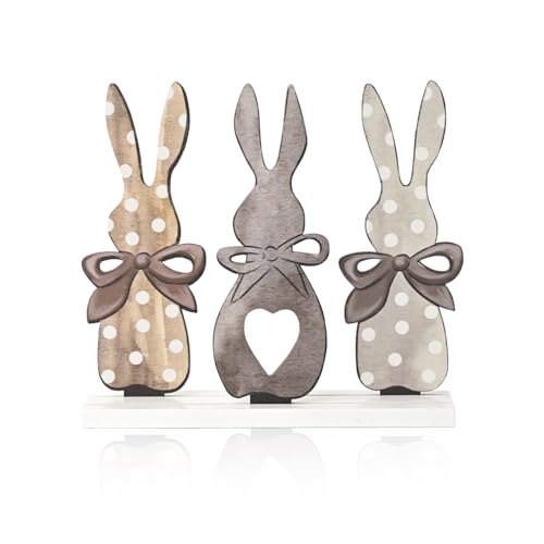 Sm:)e Smile Easter Bunny Trio Wooden Decor, Rustic 3-Bunny Silhouette Sign with Bows & Heart Detail for Spring Tiered Tray Decor - Image 1