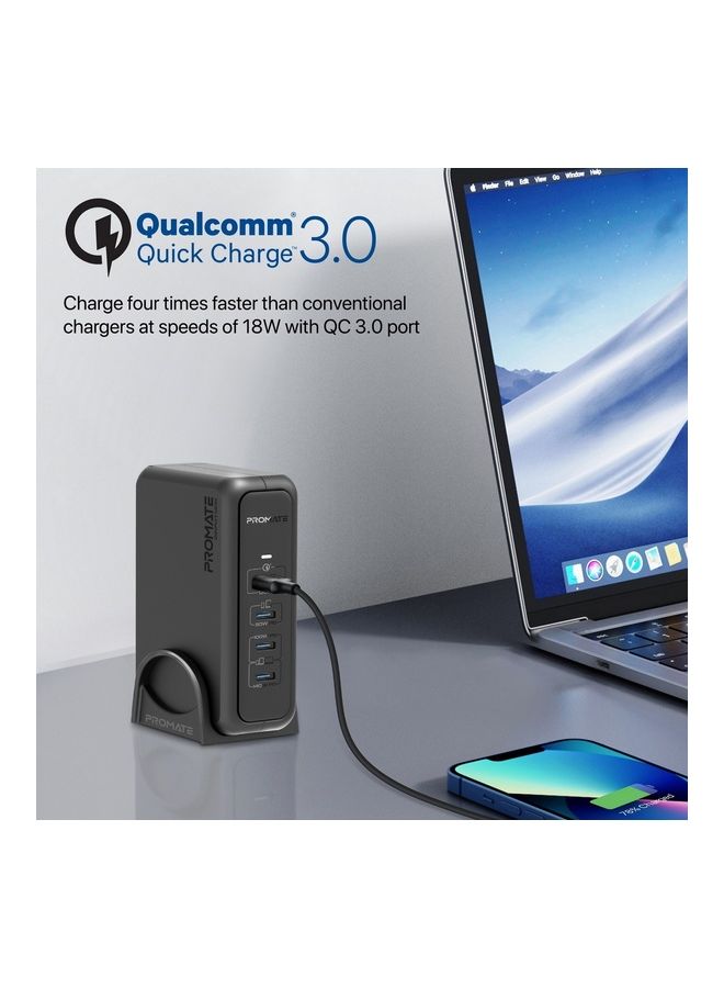 PROMATE 140W Super Speed GaNFast Charging Station With Power Delivery 3.1 & Quick Charge 3.0 - 140/100/30W USB-C port, 18W QC 3.0 USB Port - 240W Power Delivery Cable Included Black - Image 3