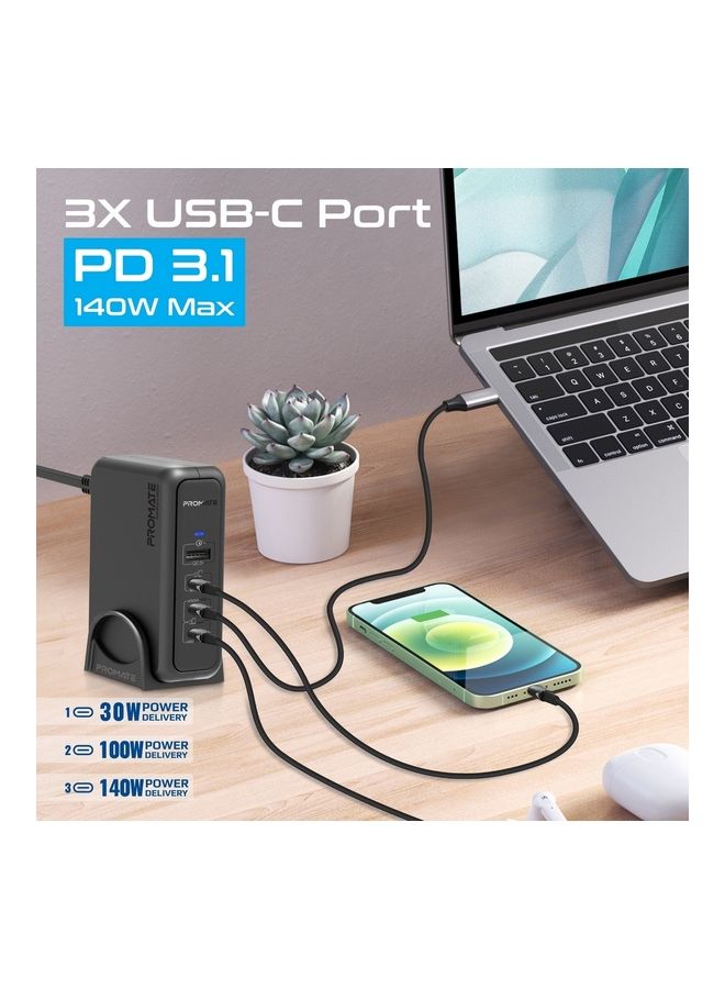 PROMATE 140W Super Speed GaNFast Charging Station With Power Delivery 3.1 & Quick Charge 3.0 - 140/100/30W USB-C port, 18W QC 3.0 USB Port - 240W Power Delivery Cable Included Black - Image 4