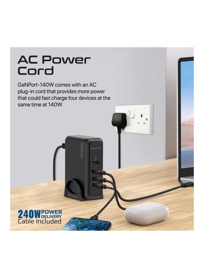 PROMATE 140W Super Speed GaNFast Charging Station With Power Delivery 3.1 & Quick Charge 3.0 - 140/100/30W USB-C port, 18W QC 3.0 USB Port - 240W Power Delivery Cable Included Black - Image 5