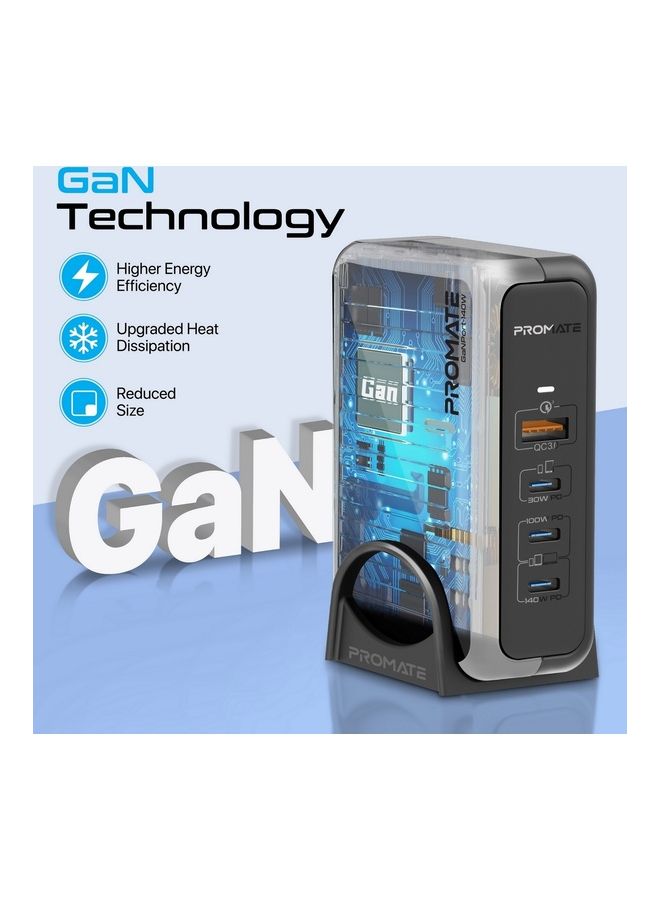 PROMATE 140W Super Speed GaNFast Charging Station With Power Delivery 3.1 & Quick Charge 3.0 - 140/100/30W USB-C port, 18W QC 3.0 USB Port - 240W Power Delivery Cable Included Black - Image 2
