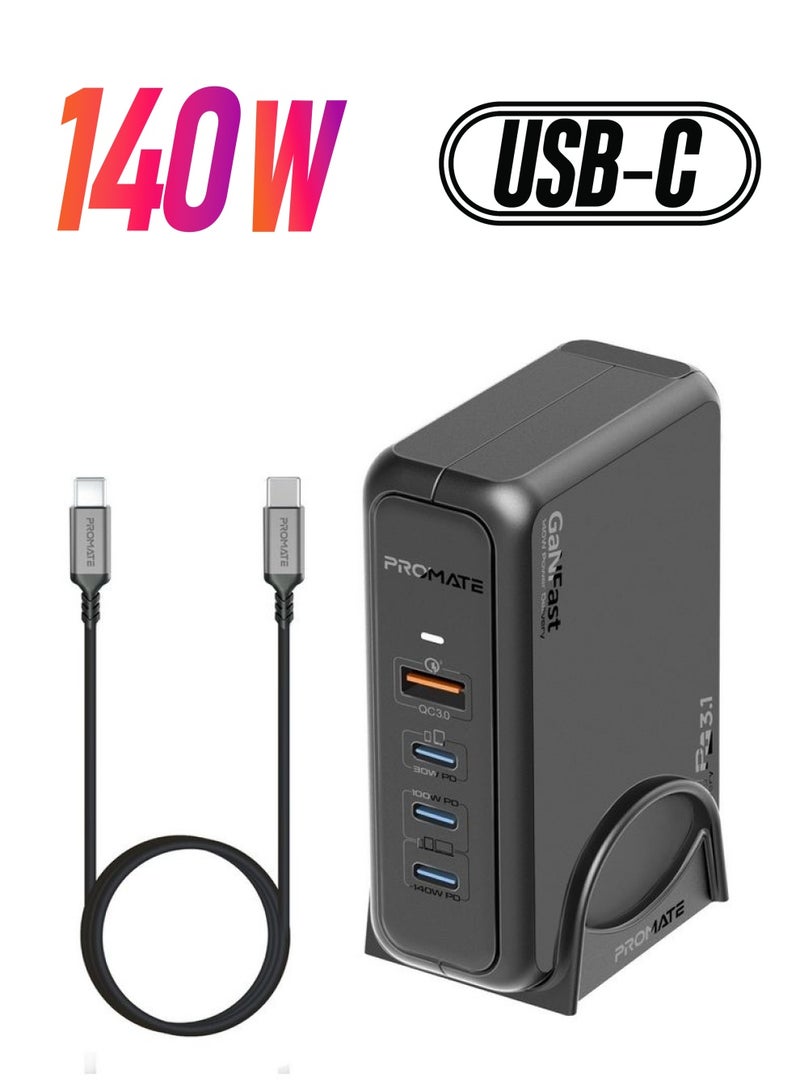 PROMATE 140W Super Speed GaNFast Charging Station With Power Delivery 3.1 & Quick Charge 3.0 - 140/100/30W USB-C port, 18W QC 3.0 USB Port - 240W Power Delivery Cable Included Black - Image 1
