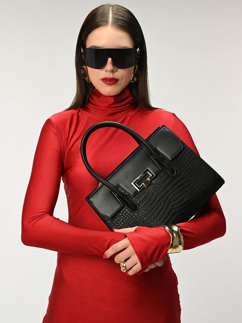 Akiki London Women's Camden Satchel Handbag|Dual Strap|Front and Back Snap Compartment|Croco Texture|Premium Metal Finish Handbag for Women - Image 4