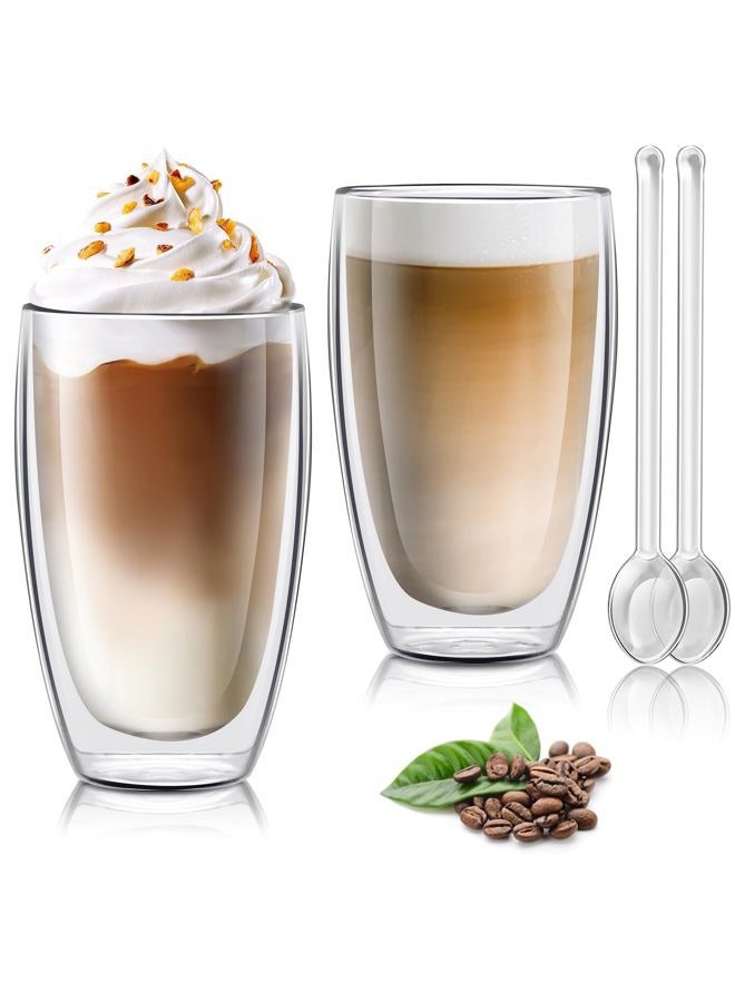 Joeyan Double Walled Coffee Glasses Set of 2-400ml Insulated Thermal Coffee Cups - Heat Resistant Coffee Mugs for Espresso, Cappuccino, Latte, Macchiato, Milk, Tea, Juice - Pack of 2 Free Glass Spoons - Image 1