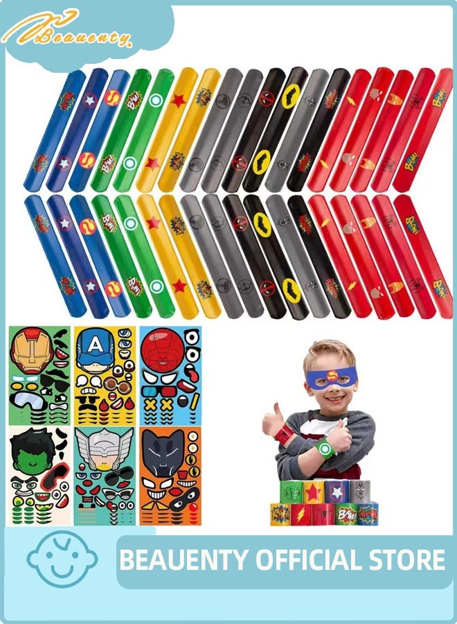 Beauenty 60Pcs Superhero Party Favors,36Pcs Bracelets Slap 24Pcs Tattoo Sticker for Kids Girls Boys School Classroom Exchange Prizes Gifts (60PC) - Image 1