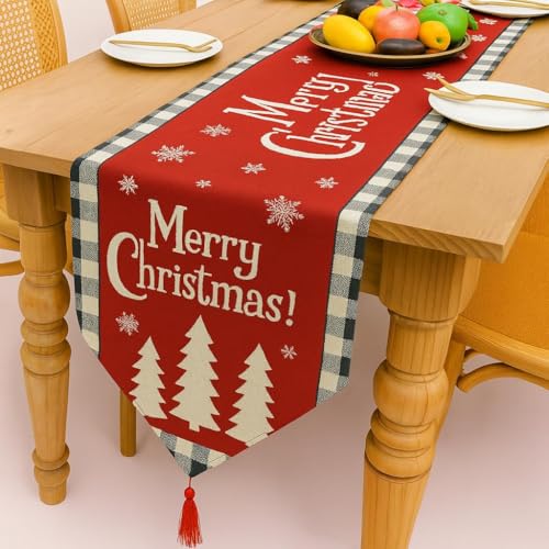 CORALTREE Coral Tree Red Christmas Table Runner – 70 x 13 Inch | Woven Cotton Blend with Snowflake & Christmas Tree Design | Decorative Festive Dining Table Décor for Home - Image 1