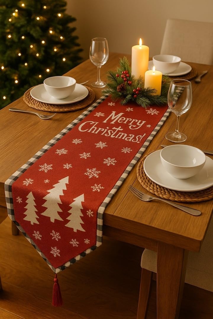 CORALTREE Coral Tree Red Christmas Table Runner – 70 x 13 Inch | Woven Cotton Blend with Snowflake & Christmas Tree Design | Decorative Festive Dining Table Décor for Home - Image 2