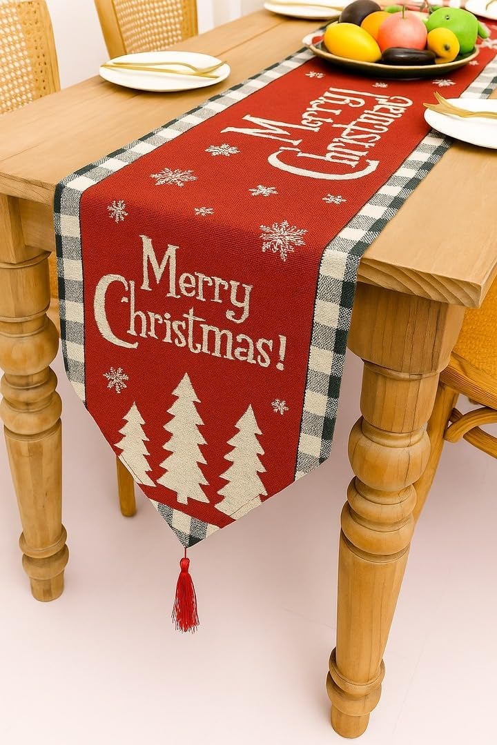 CORALTREE Coral Tree Red Christmas Table Runner – 70 x 13 Inch | Woven Cotton Blend with Snowflake & Christmas Tree Design | Decorative Festive Dining Table Décor for Home - Image 4