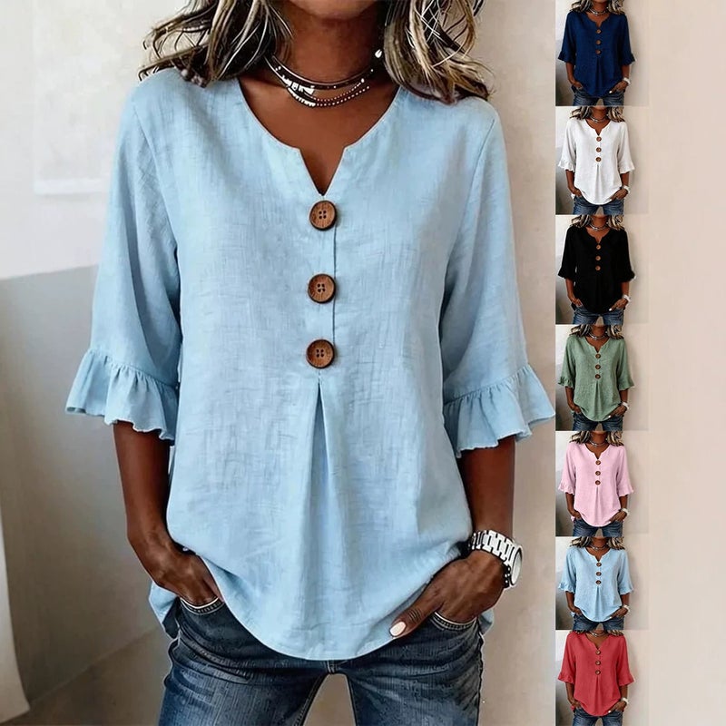 Women's V-Neck Ruffle Sleeve Button Blouse - Summer 2026 - Image 1