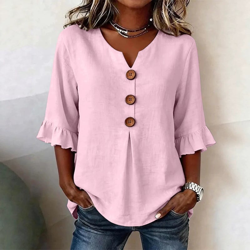 Women's V-Neck Ruffle Sleeve Button Blouse - Summer 2026 - Image 3
