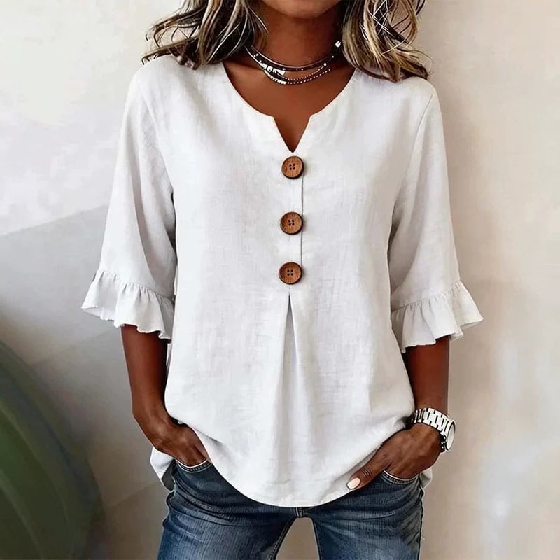 Women's V-Neck Ruffle Sleeve Button Blouse - Summer 2026 - Image 2