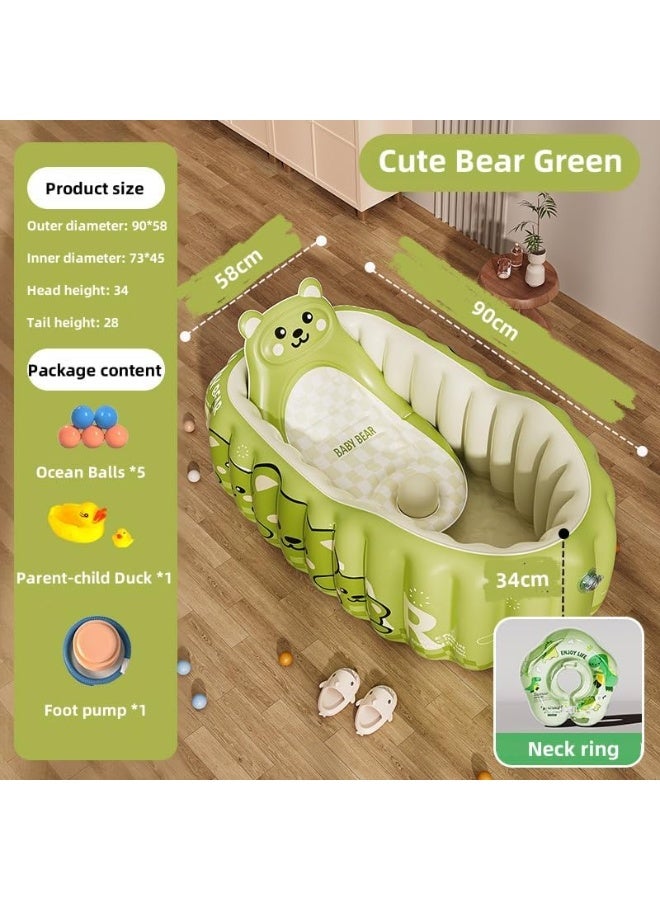 LBMT Baby Inflatable Bathtub, Portable Travel Baby Infant Bath Tub, Toddler Bathtub with Air Pump,Bath Pad,9.5cm Dinosaur patterned Neck Collar and Cute Toys,Foldable Non-Slip Shower Basin Mini Air Swimming Pool for Newborn (Cute Bear Green) - Image 2