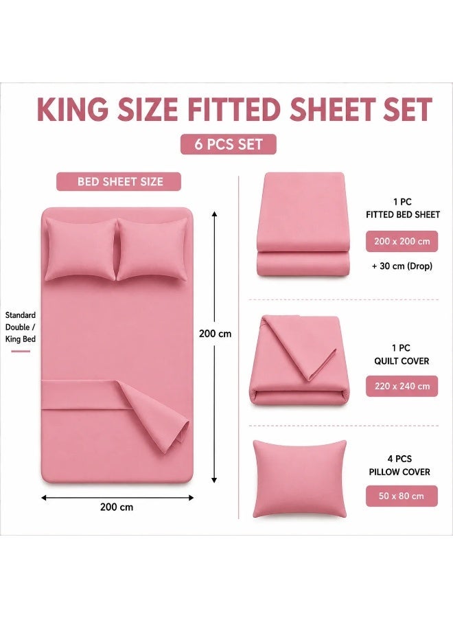دريمزون طقم لحاف وردي مقاس "كينغ" (King Size) مكون من 6 قطع - طقم سرير فاخر مع أكياس وسائد متناسقة (اللون الوردي) - Image 3