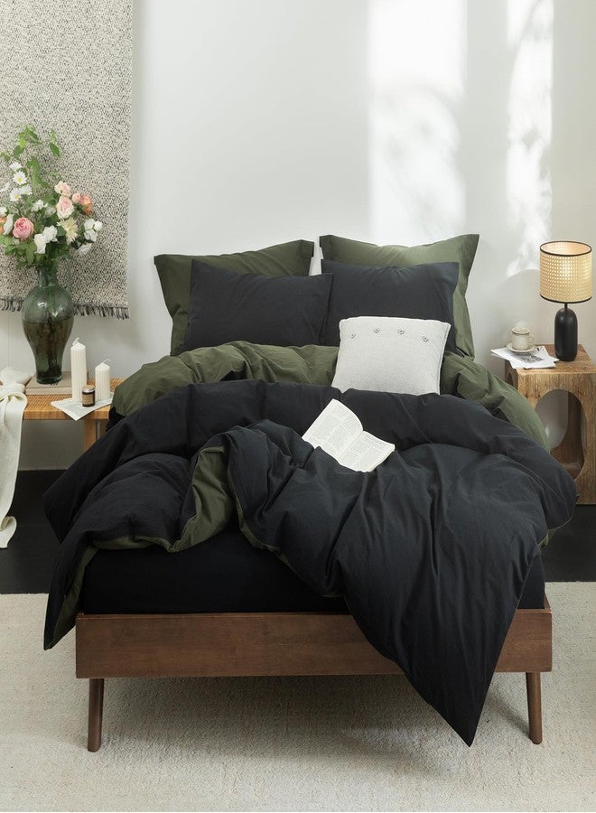 BDEAR INS Linen Feel Double Sided Reversible Duvet Cover Queen Size 90''W x 90''L, Oeko TEX Standard Cotton Duvet Cover with Zipper Closure Plus 2 Pillowcases, Olive Green Plus Black - Image 5