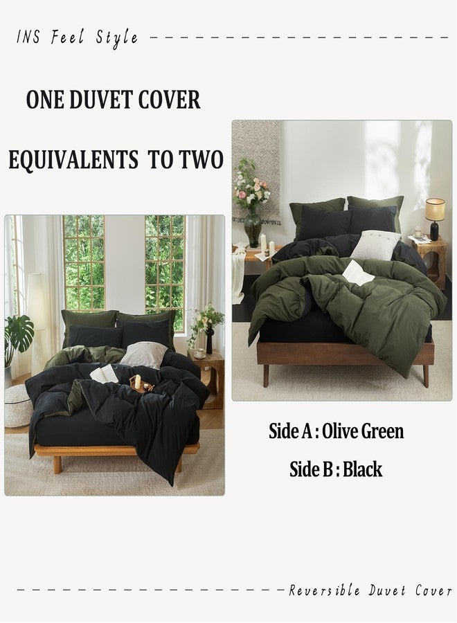 BDEAR INS Linen Feel Double Sided Reversible Duvet Cover Queen Size 90''W x 90''L, Oeko TEX Standard Cotton Duvet Cover with Zipper Closure Plus 2 Pillowcases, Olive Green Plus Black - Image 2