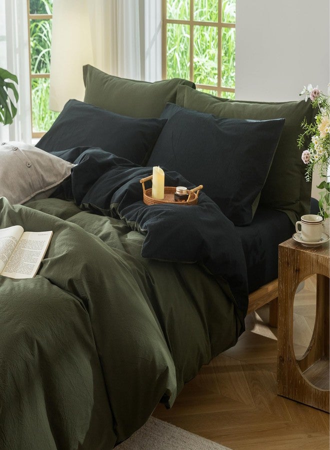 BDEAR INS Linen Feel Double Sided Reversible Duvet Cover Queen Size 90''W x 90''L, Oeko TEX Standard Cotton Duvet Cover with Zipper Closure Plus 2 Pillowcases, Olive Green Plus Black - Image 1