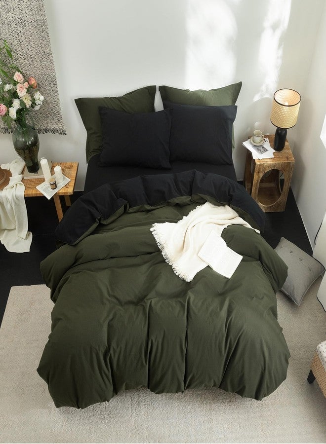 BDEAR INS Linen Feel Double Sided Reversible Duvet Cover Queen Size 90''W x 90''L, Oeko TEX Standard Cotton Duvet Cover with Zipper Closure Plus 2 Pillowcases, Olive Green Plus Black - Image 4