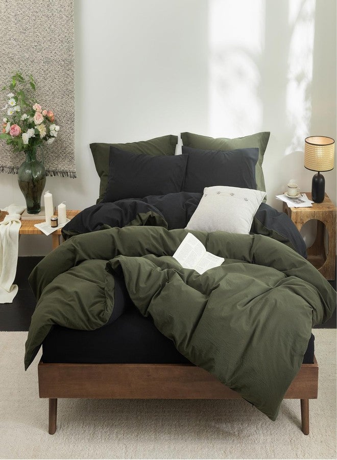 BDEAR INS Linen Feel Double Sided Reversible Duvet Cover Queen Size 90''W x 90''L, Oeko TEX Standard Cotton Duvet Cover with Zipper Closure Plus 2 Pillowcases, Olive Green Plus Black - Image 3