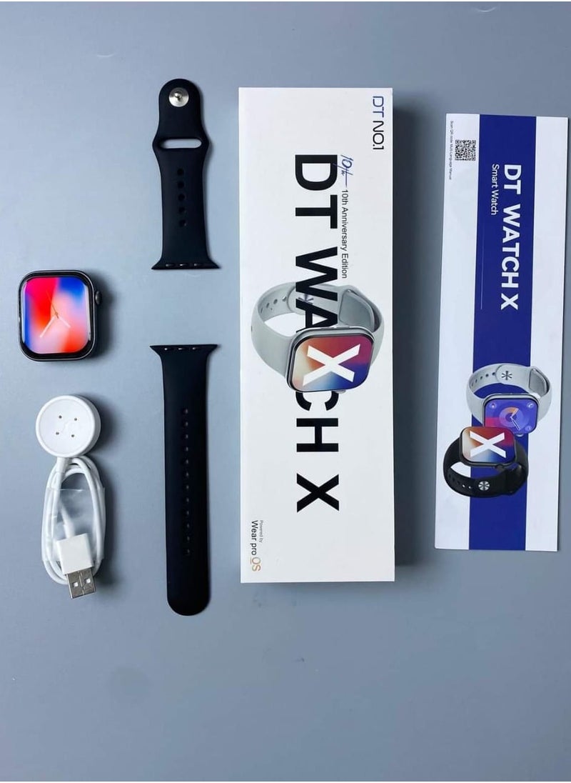 دي تي - ساعة DT Watch X هي ساعة ذكية تجمع بين التكنولوجيا الحديثة والتصميم العصري. تتميز بتصميم أنيق وشاشة عالية الدقة، وعادة ما تأتي مع العديد من الميزات مثل:  1. الشاشة: شاشة ملونة تعمل باللمس، تقدم عرضًا دقيقًا وواضحًا للمعلومات. - Image 1