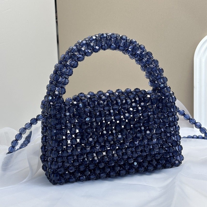 Simple High-end Retro Champagne Small Mobile Phone Bag Homemade Heavy Industry Crossbody Portable Woven Bead Bag diy Material Bag Ink Blue