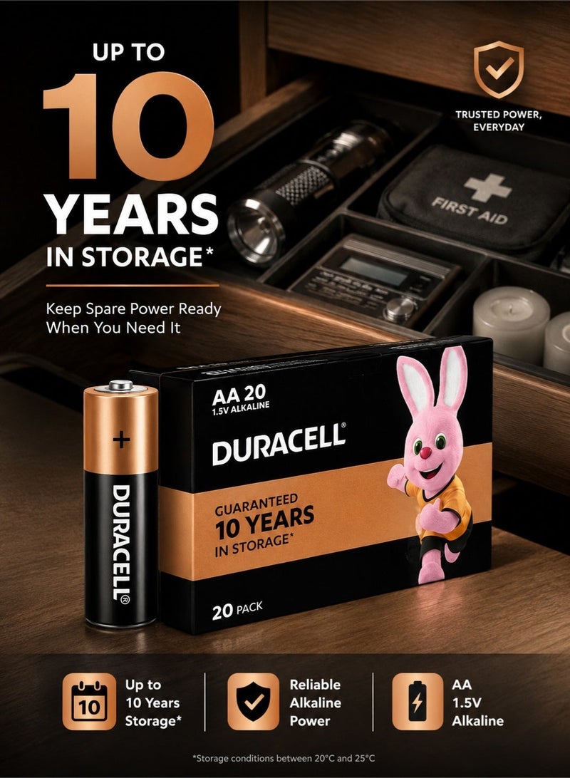 دوراسيل بطاريات قلوية AA بجهد 1.5 فولت من دوراسيل (Duracell) - عبوة من 20 بطارية (LR06 MN1500) | بطاريات AA تدوم طويلاً لأجهزة التحكم عن بُعد، والألعاب، والمصابيح اليدوية، والساعات، وفأرة ولوحة مفاتيح الكمبيوتر. - Image 2