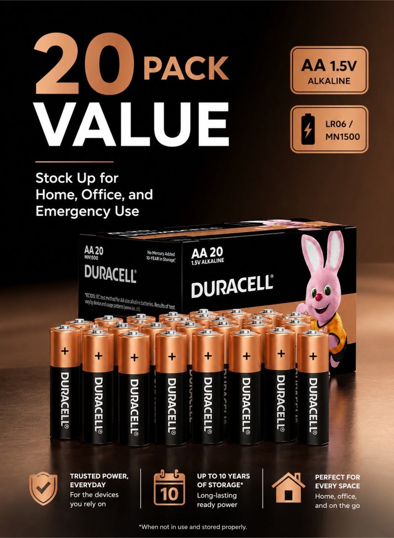 دوراسيل بطاريات قلوية AA بجهد 1.5 فولت من دوراسيل (Duracell) - عبوة من 20 بطارية (LR06 MN1500) | بطاريات AA تدوم طويلاً لأجهزة التحكم عن بُعد، والألعاب، والمصابيح اليدوية، والساعات، وفأرة ولوحة مفاتيح الكمبيوتر. - Image 3
