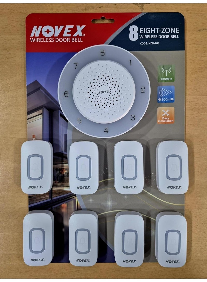 NOVEX 8-Zone Wireless Doorbell System with 8 Remote Buttons, 500m Range, LED Indicator – Model NDB-708 - Image 4