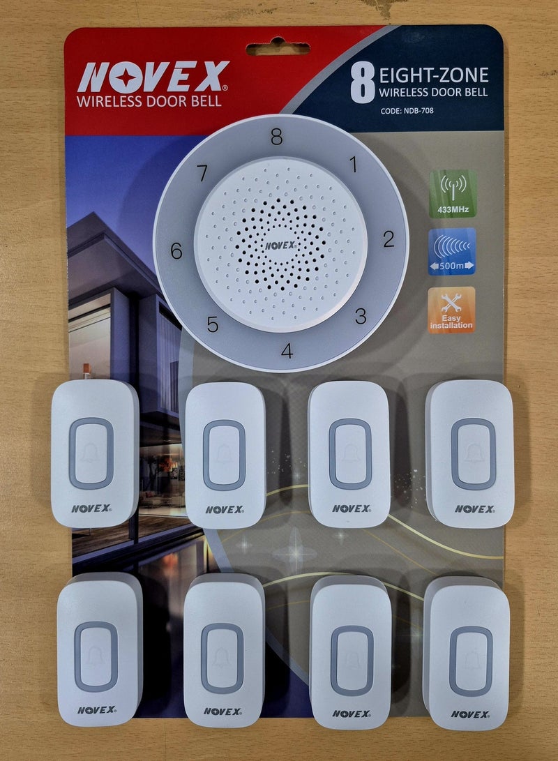 NOVEX 8-Zone Wireless Doorbell System with 8 Remote Buttons, 500m Range, LED Indicator – Model NDB-708 - Image 3