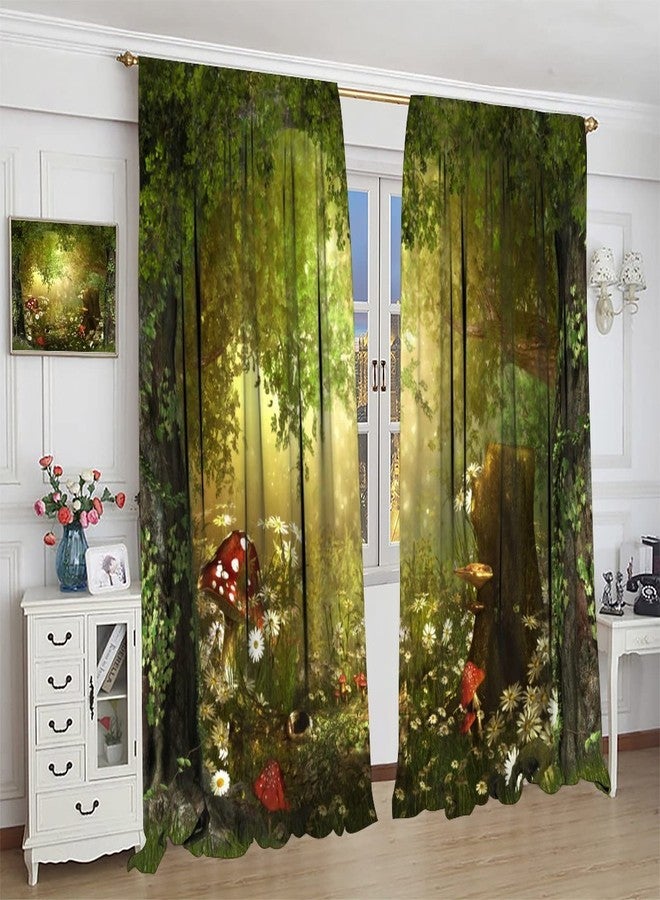 JanJCurt ستائر JanJCurt Dream Forest، جميلة وساحرة، مستوحاة من حكايات الخيال، بتصميم غابة مورقة، وجذوع فطر، وأزهار. مناسبة للمطبخ، ستائر معتمة للنوافذ، ديكور، لوحتان، لون أخضر، 42 × 45 بوصة. - Image 4
