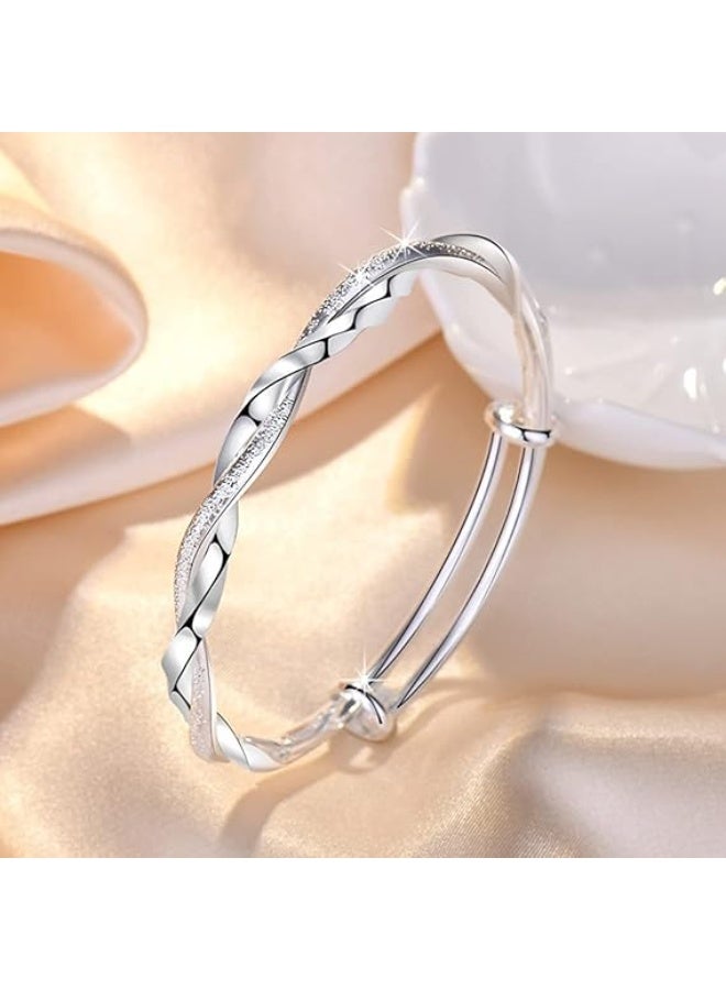 Fashion Silver Plated Bangle Bracelets for Women, Simple Matte Finish Adjustable Cuff Bangles, Elegant Fashion Jewelry Gift for Mom Wife Valentine Mother's Day - Image 4