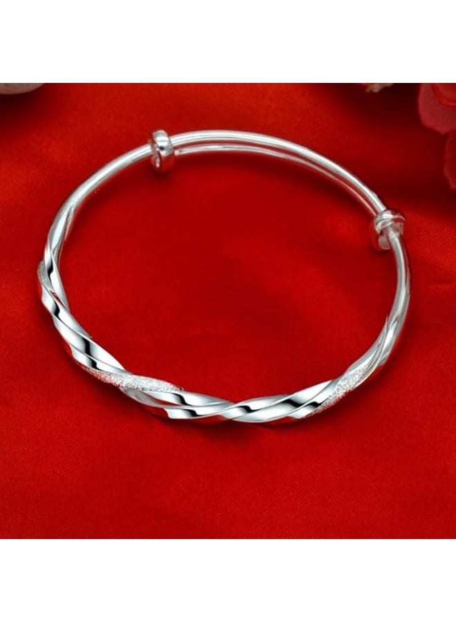 Fashion Silver Plated Bangle Bracelets for Women, Simple Matte Finish Adjustable Cuff Bangles, Elegant Fashion Jewelry Gift for Mom Wife Valentine Mother's Day - Image 2