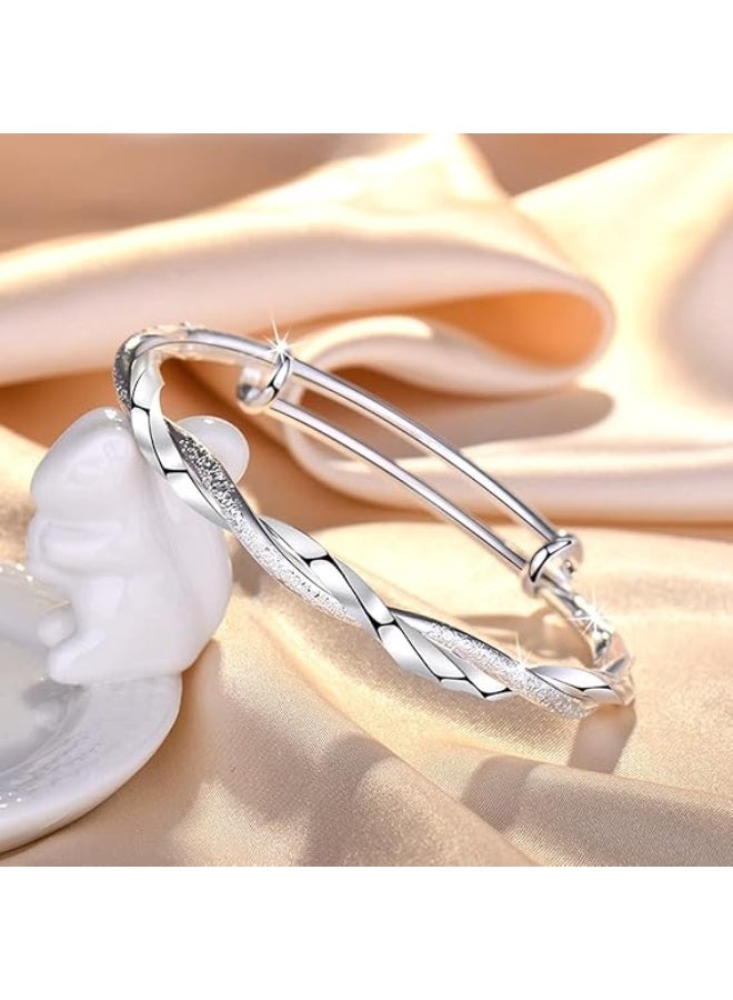 Fashion Silver Plated Bangle Bracelets for Women, Simple Matte Finish Adjustable Cuff Bangles, Elegant Fashion Jewelry Gift for Mom Wife Valentine Mother's Day - Image 5