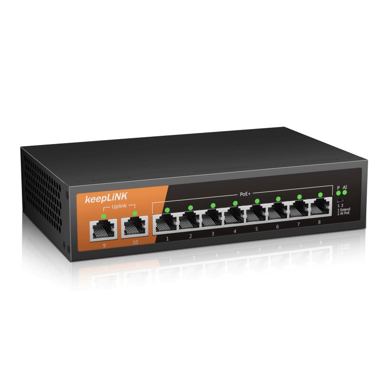 keepLiNK مفتاح keepLiNK 10 منفذ جيجابت PoE، 8 منافذ جيجابت PoE+ و 2 منفذ جيجابت رفع، إجمالي الطاقة 120 واط 802.3af/at، هيكل معدني، توصيل وتشغيل بدون مروحة غير مُدار - Image 1