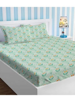 BSB HOME BSB HOME Style Cotton Feel Glace Cotton Elastic Fitted Printed King Size Double Bed Bedsheet with 2 Pillow Cover (78"X72", Small Leaf Printed- Pastel Green), 180 Tc  - Image 4