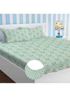 BSB HOME BSB HOME Style Cotton Feel Glace Cotton Elastic Fitted Printed King Size Double Bed Bedsheet with 2 Pillow Cover (78"X72", Small Leaf Printed- Pastel Green), 180 Tc  - Image 1