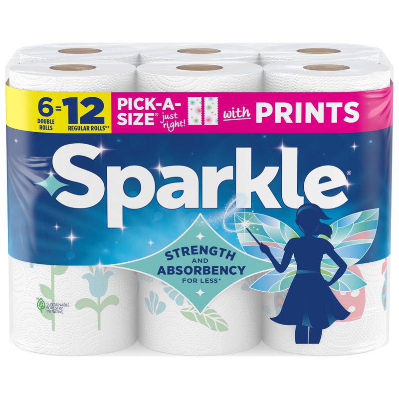 Sparkle Pick-A-Size Paper Towels, Spirited Print Design, 6 Double Rolls (660 Sheets Total) - Strong 2-Ply Towels for Kitchen Cleanup and Everyday Messes - Image 1