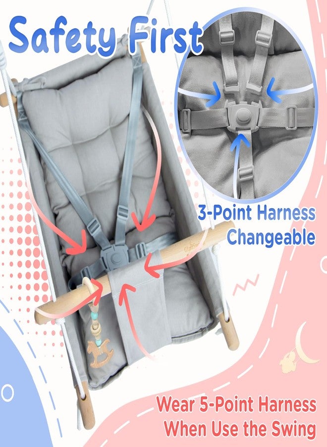 gladswing Baby Swing Indoor and Outdoor, Canvas Hammock Swing for Baby to Toddler with a Comfortable Seat, Macaroon Wooden Toy, Adjustable 5-Point Harness,3 Modes,Gift for Baby Boys Girls, Grey - Image 3