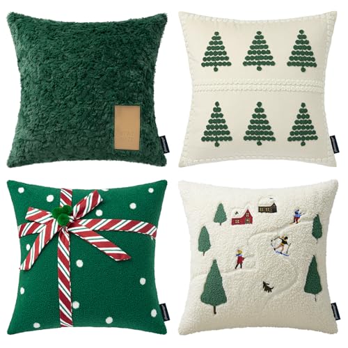 Phantoscope Pack of 4 Merry Christmas Throw Pillow Covers Soft Faux Fur Sherpa Christmas Pillow Covers Velvet Santa Tree Decorative Pillow Case Cushion Cover Green and White 18 x 18 inch - Image 1