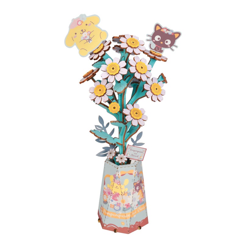 Hands Craft Hello Kitty and Friends Pompompurin & Chococat Chamomile â€“ 3D Wooden Flower Puzzle Kit â€“ Official Sanrio DIY Model Craft, Kawaii Flower Decor & Collectible Gift for Ages 8+ - Image 1