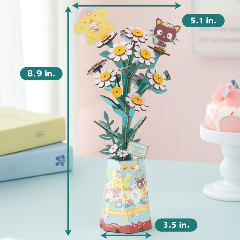 Hands Craft Hello Kitty and Friends Pompompurin & Chococat Chamomile â€“ 3D Wooden Flower Puzzle Kit â€“ Official Sanrio DIY Model Craft, Kawaii Flower Decor & Collectible Gift for Ages 8+ - Image 2