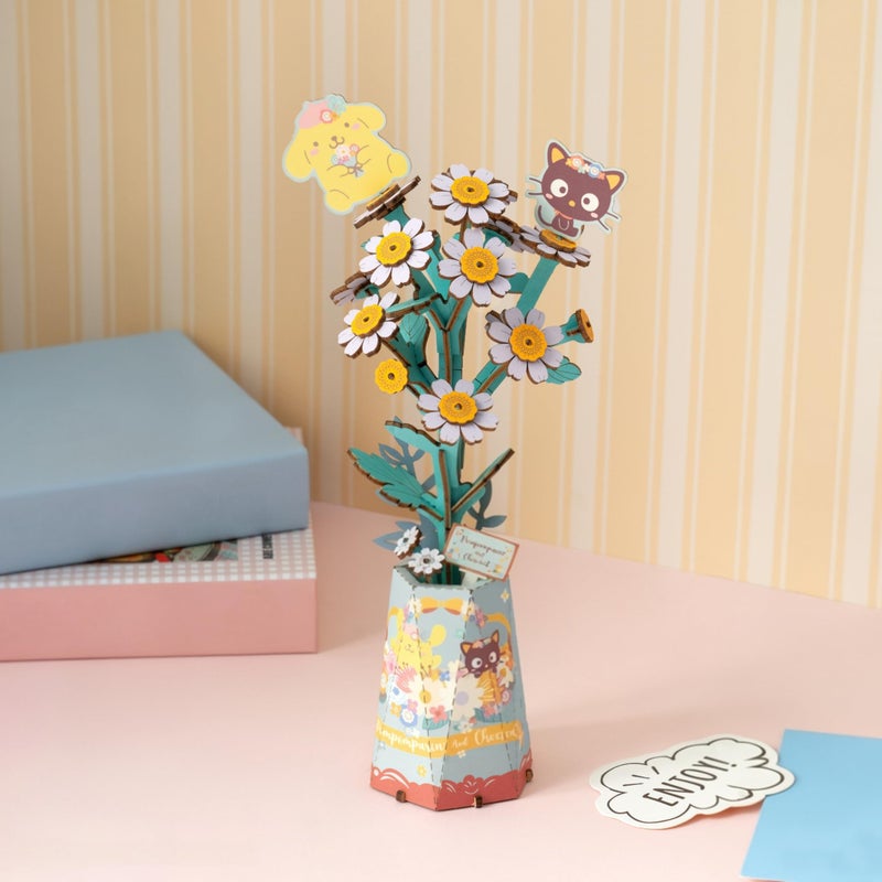 Hands Craft Hello Kitty and Friends Pompompurin & Chococat Chamomile â€“ 3D Wooden Flower Puzzle Kit â€“ Official Sanrio DIY Model Craft, Kawaii Flower Decor & Collectible Gift for Ages 8+ - Image 5