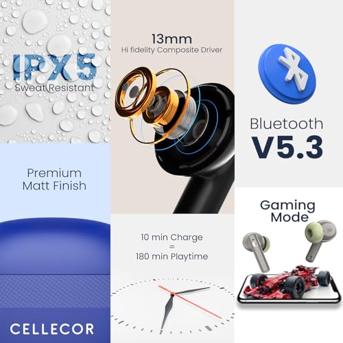 CELLECOR BROPODS C105 Tune TWS with 45 Hrs Playtime, Noise Cancellation, Auto-Connect, Touch Controls, 13mm Drivers, 50ms Low Latency Game Mode, Fast Charging-Type-C, BT- 5.3v (Black) - Image 2
