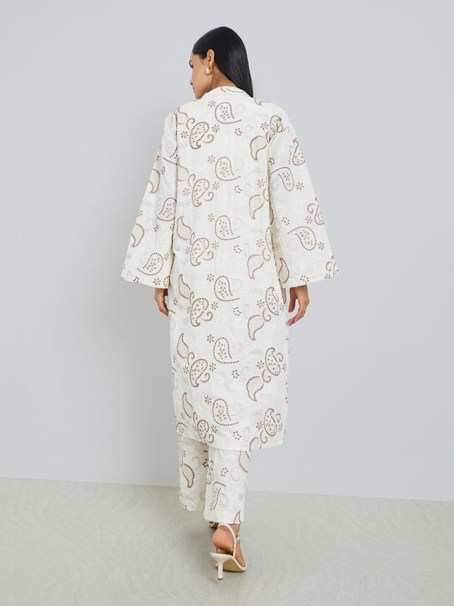 Styli Off White Paisley Embroidered Midi Length Kimono - Image 4