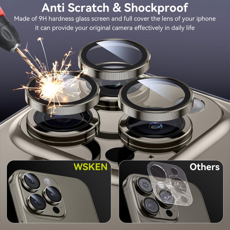 WSKEN for iPhone 15 Pro/iPhone 15 Pro Max Camera Lens Protector,[Keep Original Shooting] Shatterproof 9H Tempered Glass Camera Screen Protector Metal Ring Cover Film Accessories,Grey Titanium - Image 3