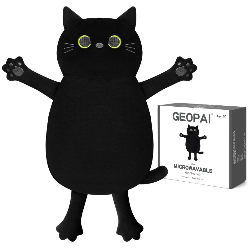 GEOPAI Microwave Heating Pad for Pain Relief, 17" x 15" Microwavable Heating Pads for Neck Shoulder, Cramps, Back Pain, Muscles, Joints, Natural Heat Pack Moist Heat, Menstrual Period, Small Black Cat - Image 1