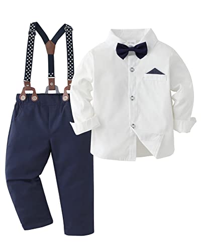 DISAUR Toddler Boy Wedding Guest Outfit Long Sleeve White Leaf Dress Shirt Bow Tie Suspender Black Pants Baby Formal Outfit Boy 3t 4t 34t - Image 1