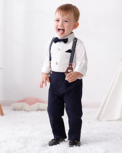 DISAUR Toddler Boy Wedding Guest Outfit Long Sleeve White Leaf Dress Shirt Bow Tie Suspender Black Pants Baby Formal Outfit Boy 3t 4t 34t - Image 3